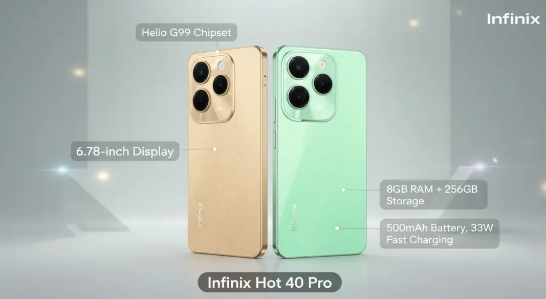 The Infinix Hot 40 Pro offers a Helio G99 chipset, 6.78-inch display, 5000mAh battery, and 8GB RAM. Check its price, features, and full specs in Pakistan.