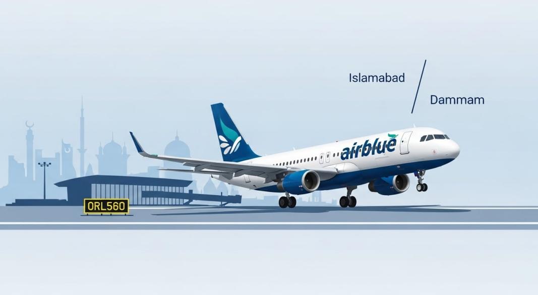 Airblue aircraft on runway with Islamabad and Dammam route display