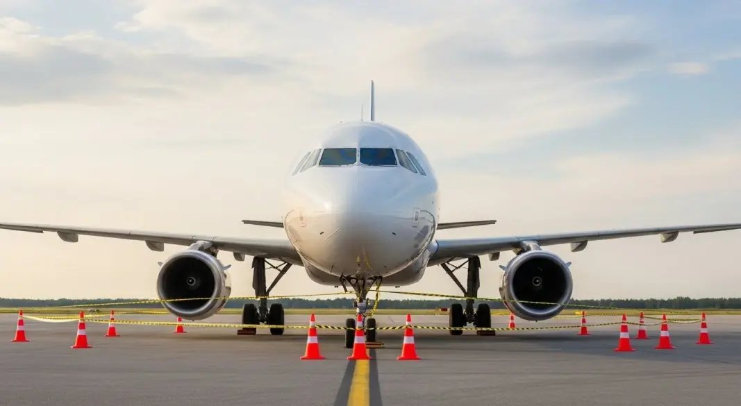 Grounded Airbus A320 aircraft lined up on airport tarmac during global recall