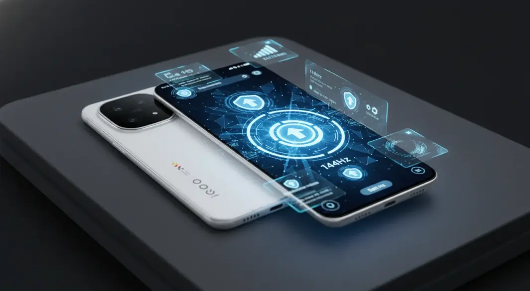 iQOO 15 smartphone with software update interface and system icons