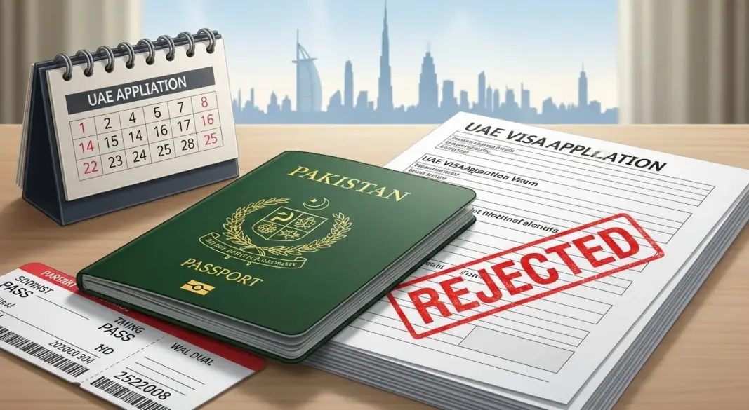 Pakistan passport with UAE visa application and rejection stamp on desk