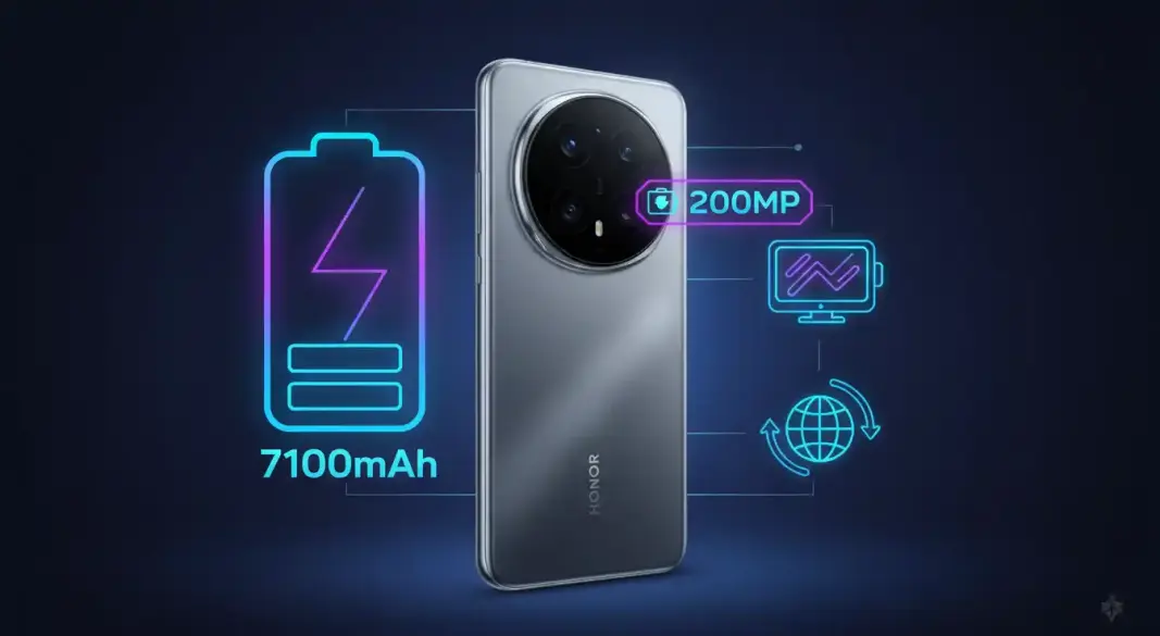 Honor Magic 8 Pro phone with large battery and 200MP camera icons