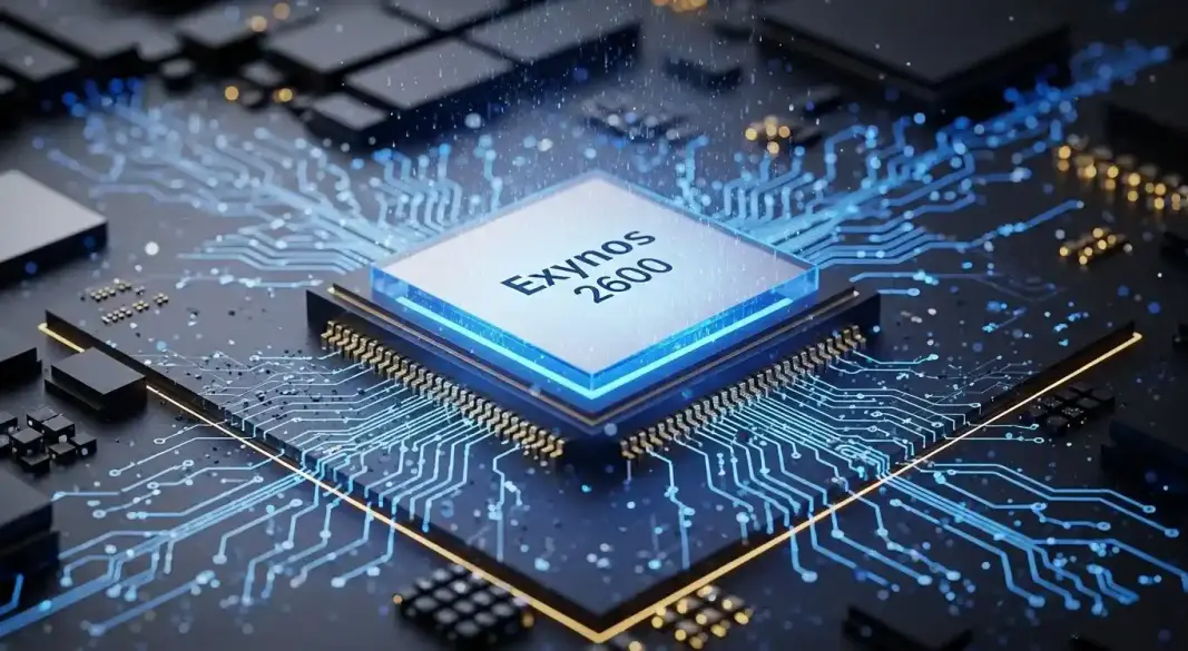 Samsung Exynos 2600 chipset teaser graphic with futuristic processor design