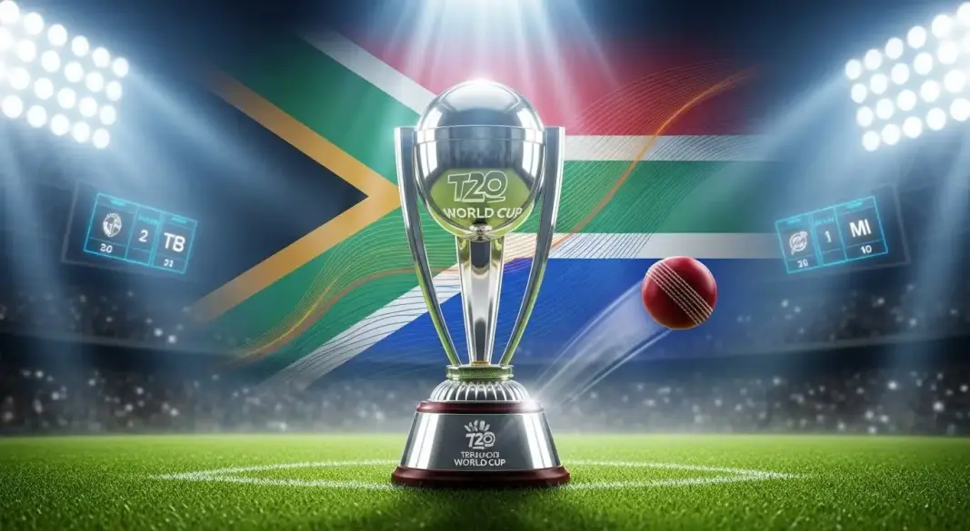 Cricket stadium at night with T20 World Cup trophy and South African flag elements