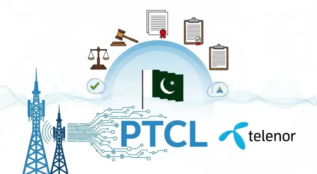 Telecom merger illustration showing PTCL and Telenor integration with regulatory controls