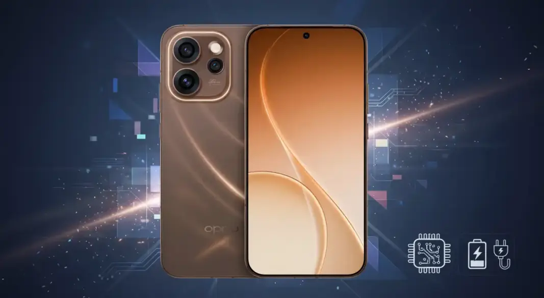 Oppo Reno15 Pro smartphone with glowing starlight design and feature icons