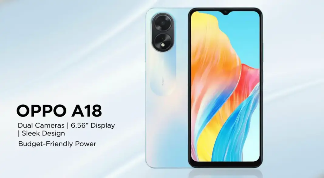 Oppo A18 smartphone showing display and dual camera