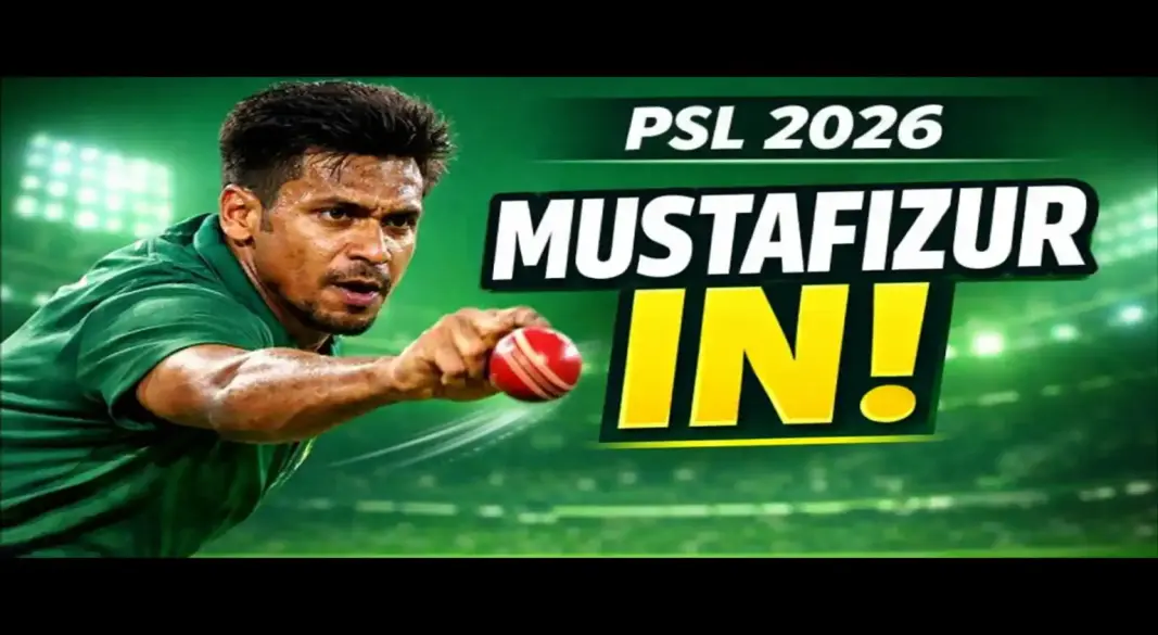 Mustafizur Rahman bowling during a T20 match as he registers for the PSL 2026 draft